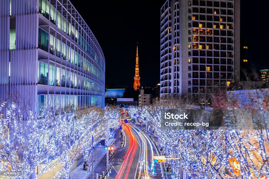 Roppongi Hills illumination featuring elegant blue and white lights